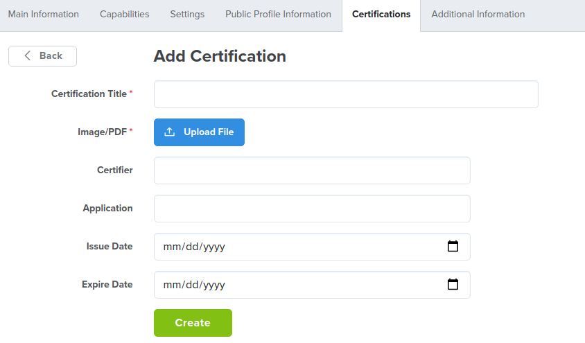 The Certifications section allows adding certificates, licenses and quality control papers